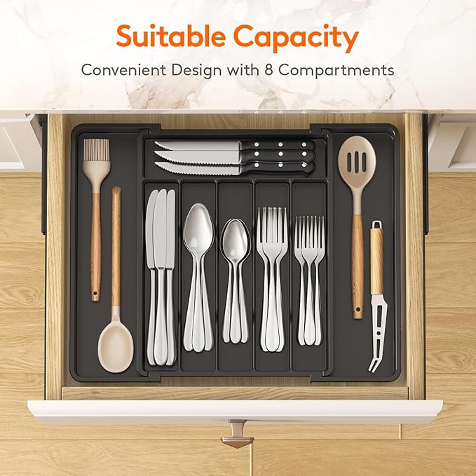 Lifewit Silverware Drawer Organizer, Expandable from 11 to 18 inches, Utensil Tray for Kitchen, BPA Free Flatware Cutlery Holder, Adjustable Plastic Storage for Spoons Forks Knives, Large, Black