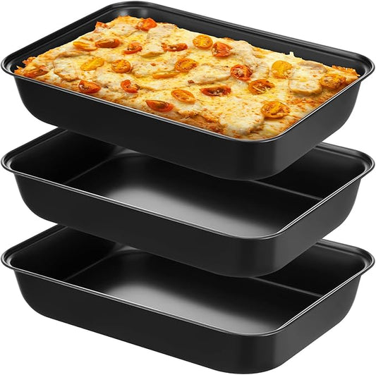 3 Pcs Detroit Style Pizza Pan 13.4 x 9.5 x 2.2 Inch Non Stick Rectangle Deep Pizza Pans Pre Seasoned Carbon Steel Sicilian Style Pan Dish Bakeware Kitchenware
