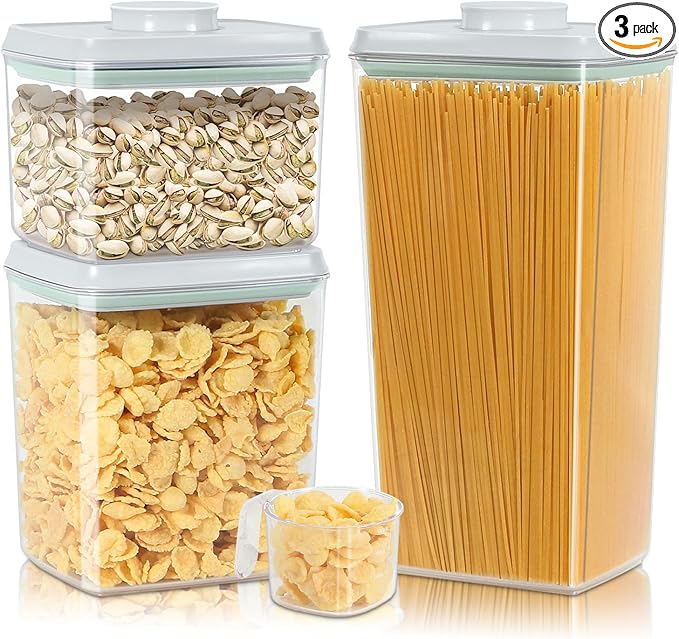 3 Pack Flour and Sugar Storage Containers with Pop-up Lid, 1.26Qt + 2.11Qt + 3.48Qt Food Storage Container for Rice, Spaghetti, Pasta, Nuts, Snack, Candy, Dog Treat, Kitchen Pantry Organization