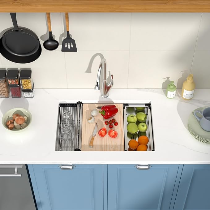 27 Inch Undermount Kitchen Sink Workstation 27x19x9 Inch Stainless Steel 16 Gauge Single Bowl Kitchen Sink Under Counter Sinks