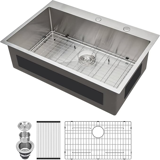 Lordear 33 Inch Drop In Kitchen Sink 33x22 Stainless Steel Topmount Sinks 16 Gauge T304 Single Bowl Kitchen Sink With 3mm Thickened Plate Round Corners