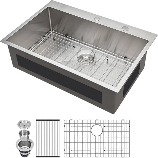 Lordear 33 Inch Drop In Kitchen Sink 33x22 Stainless Steel Topmount Sinks 16 Gauge T304 Single Bowl Kitchen Sink With 3mm Thickened Plate Round Corners