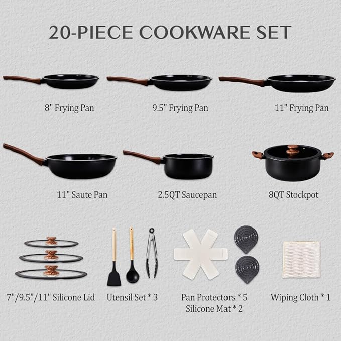 ROVSUN 20 Pcs Nonstick Pots and Pans Set, Cast Aluminum Kitchen Cookware Set, RV Kitchen Cooking Set and Utensils, Dishwasher Safe, PFAS PFOA & PFOS Free, Black