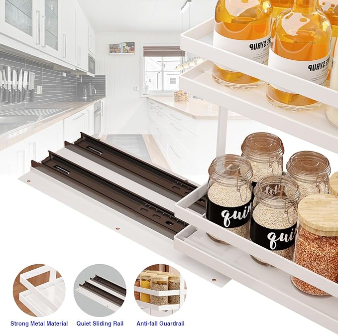 4 Pack Pull Out Spice Rack Organizer for Cabinet, 2 Tier Metal Slide Out Seasoning Organizer and Storage Heavy Duty Vertical Spice Rack Shelf Pullout for Kitchen Cabinets No Drilling (White)