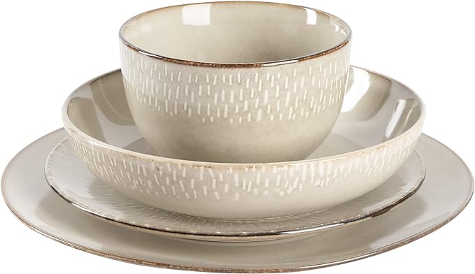 Gibson Elite Matisse 16-Piece Double Bowl Dinnerware Set – Service for 4, Taupe Stoneware Plates and Bowls