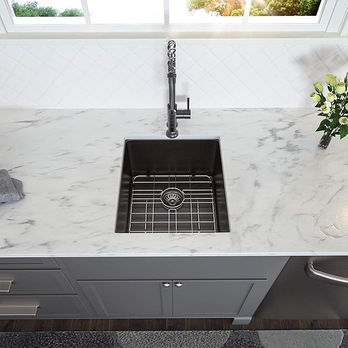 Lordear Black Bar Sink Undermount 15x17 inch Kitchen Sinks 16 Gauge Deep Single Bowl Stainless Steel Sink Basin Handmade
