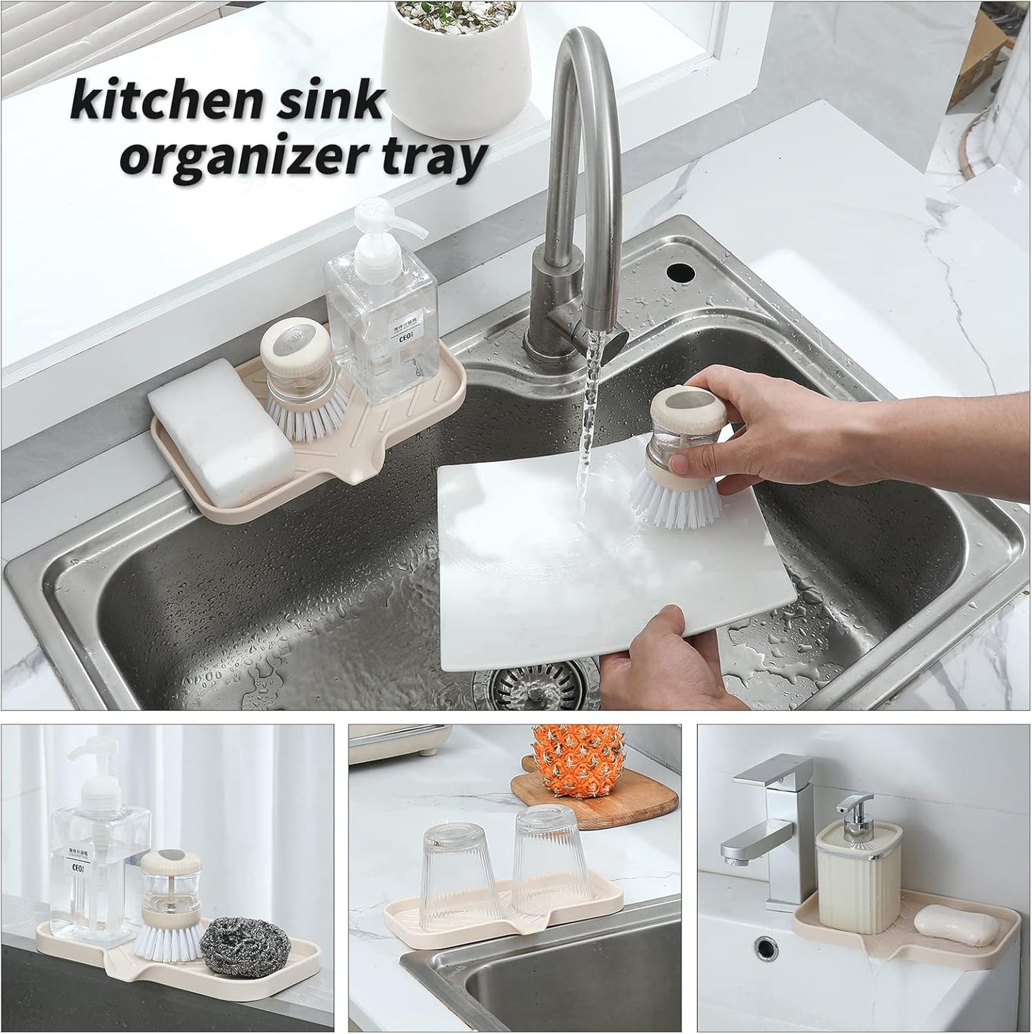 Silicone Bathroom Soap Dishes with Drain Spout-Bathroom and Kitchen Sink Organizer,Sponge Holder,Dish Soap Tray,Perfect for Dispenser,Scrubber,Bottle,Cup on Sink or Counter-Tapioca 9.6"×5.3"