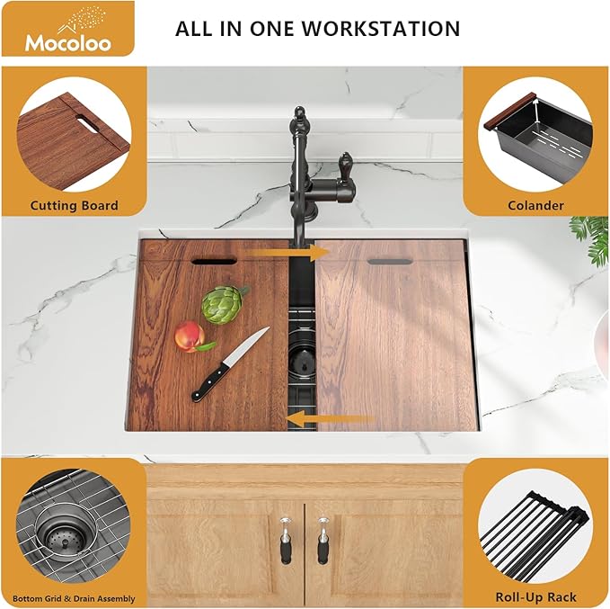 Black Undermount Kitchen Sink - Mocoloo 27x19 Inch Undermount Workstation Kitchen Sink Gunmetal Black 16 Gauge Stainless Steel Single Bowl Handmade Sink Basin