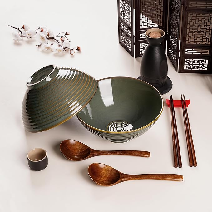 NUTRIUPS 8 Inch Ceramic Ramen Bowl Set of 2 Pho Bowls 40oz Japanese Noodle Udon Soup Bowls with Spoons and Chopsticks (Deep Ocean Green)