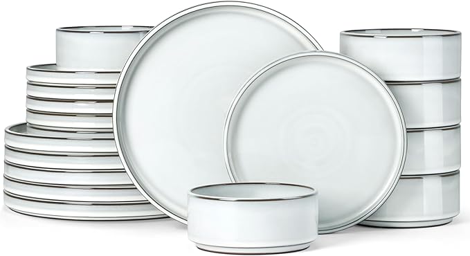 Herogo Plates and Bowls Dinner Dishes Sets for 6, 18 Pieces Ceramic Stoneware Dinnerware Set, Rustic Terracotta Bottom, Dishwasher & Microwave Safe, Icy White