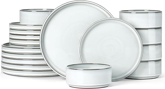 Herogo Plates and Bowls Dinner Dishes Sets for 6, 18 Pieces Ceramic Stoneware Dinnerware Set, Rustic Terracotta Bottom, Dishwasher & Microwave Safe, Icy White