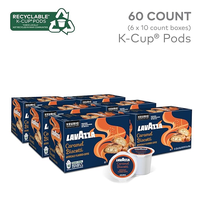 Lavazza Caramel Biscotti Coffee, Single Serve Keurig K-Cup Pods, Flavored Coffee, 60-Count Box (6 Packs of 10)