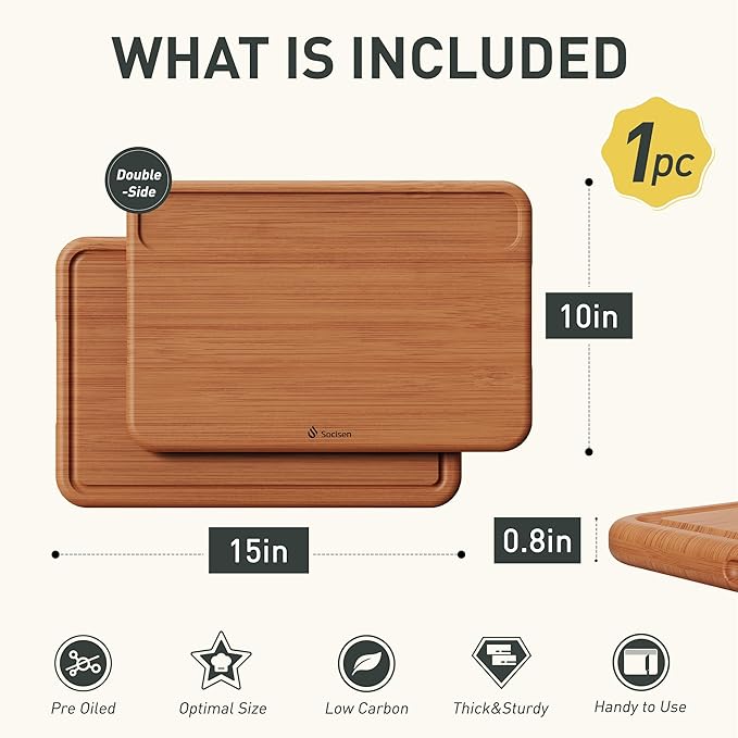 Bamboo Cutting Board for Kitchen Non Toxic Durable Wooden Cutting Boards with Deep Juice Grooves, Ideal Charcuterie Chopping Large for Meat Vegetables Fruits Cheese BBQ Ideal Kitchen Cool Unique Gifts