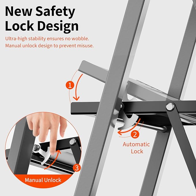 2 Step Aluminum Ladder, 800 lbs Capacity, Folding Step Stool for Adults, Anti-Slip Sturdy and Wide Pedal, Lightweight and Portable Stepladder for Home,Office, Grey