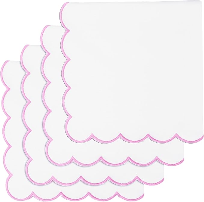 PurpleEssences Scalloped Embroidery Cloth Napkins Christmas Holiday Winter Table Decor 100% Cotton Set of 4-18 x 18 inch - White - Edges - Blush Pink