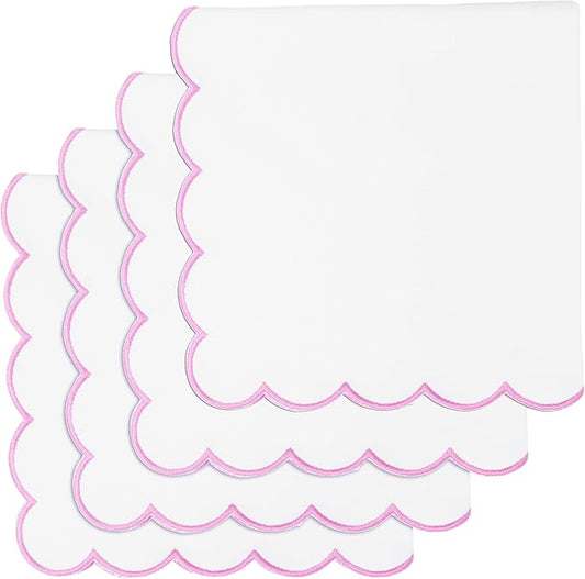 PurpleEssences Scalloped Embroidery Cloth Napkins Christmas Holiday Winter Table Decor 100% Cotton Set of 4-18 x 18 inch - White - Edges - Blush Pink