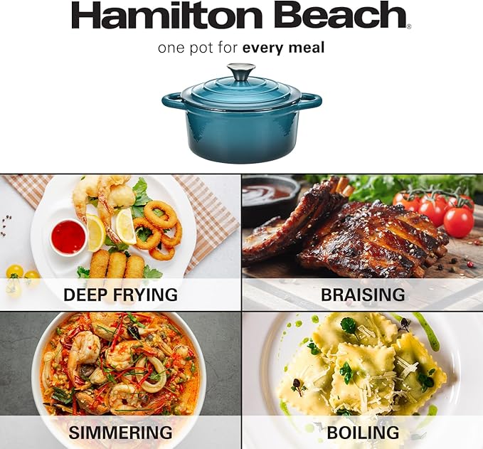 Hamilton Beach 3-Quart Enameled Cast Iron Dutch Oven, Navy with Cream Interior | Even Heat Distribution & Easy-Grip Handles | Ideal for Braising, Roasting,Stewing & Bread Baking
