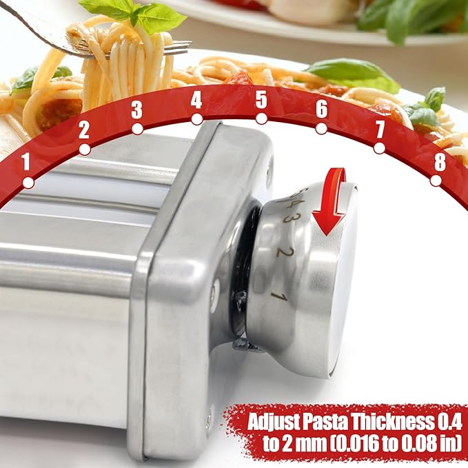 Pasta Maker Attachments Set for all KitchenAid Stand Mixer Included Pasta Sheet Roller （SU304）,8 Adjustable Thickness Settings Perfect for Spaghetti, Fettuccini, Lasagna or Dumpling Skin Silver