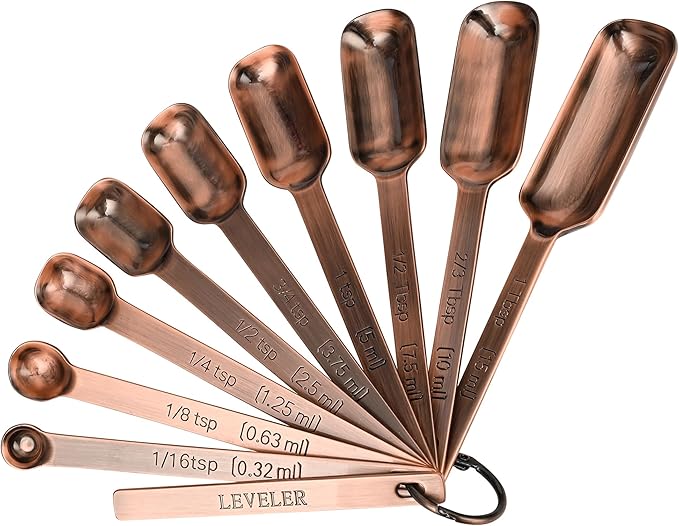 Copper Measuring Cups and Spoons Set of 18, 7 Copper Measuring Cups, 9 Copper Measuring Spoons, Stainless Steel Measuring Spoons and Cups for Dry & Wet Ingredients During Kitchen&Baking