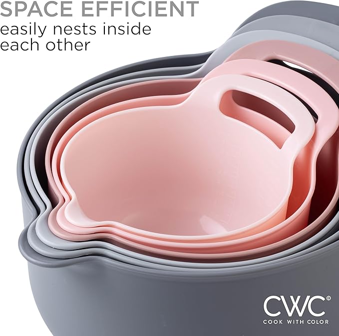 COOK WITH COLOR Nesting Plastic Mixing Bowl Set with Pour Spouts and Handles, Pink, 6 Piece Non-Slip