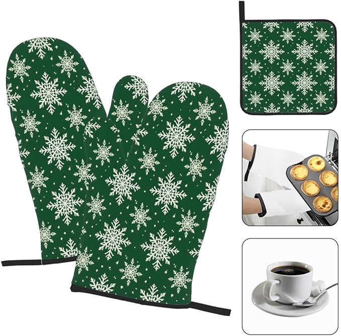Oven Mitts Pot Holders Set 3 for Kitchen, Snowflake Insulation Oven Gloves Heat Resistant Pot Pads Cook Essentials Accessories for BBQ Baking Cooking Kitchen Decor Gifts for Women