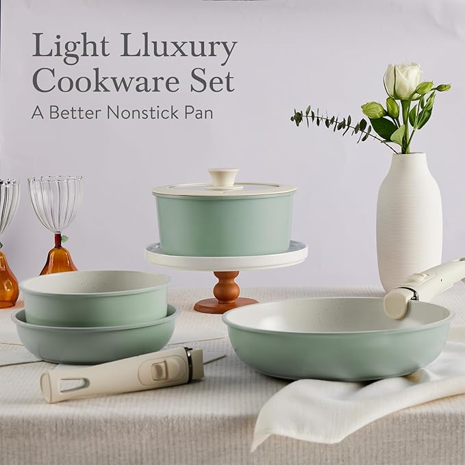 Pots and Pans Set Healthy Non toxic Non Stick Ceramic Cookware Set 21 Pcs Detachable Handles, Oven Safe, Induction Dishwasher, Stackable Frying Pan (PFOS, PFOA Free),Green