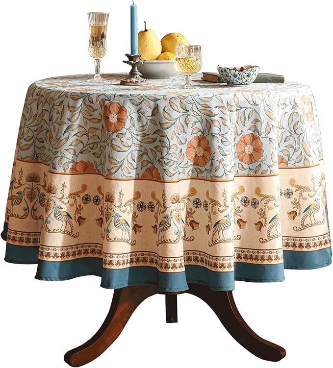 patdrea Designer French Linen Blue Round Table Cloth,Vintage Floral Tablecloth,Colorful Decoration Fall Table Cover Kitchen Dining for Party,Thanksgiving,Christmas,Diameter 67"-Wensel