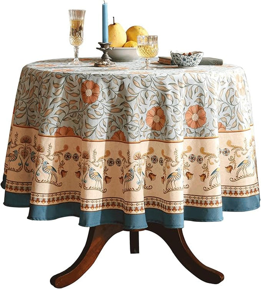 patdrea Designer French Linen Blue Round Table Cloth,Vintage Floral Tablecloth,Colorful Decoration Fall Table Cover Kitchen Dining for Party,Thanksgiving,Christmas,Diameter 67"-Wensel
