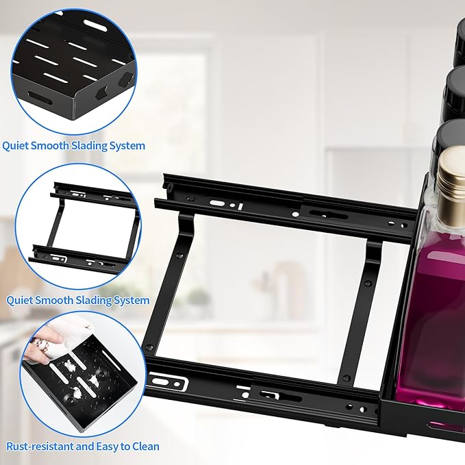 Pull Out Spice Rack, Heavy Duty Spice Rack Organizer, 1 Tier Spice Organization for Cabinet, Vertical Spice Rack for Kitchen, Cabinet, Pantry (8.4''Wx10.5''Dx2.8''H, Metal Black)