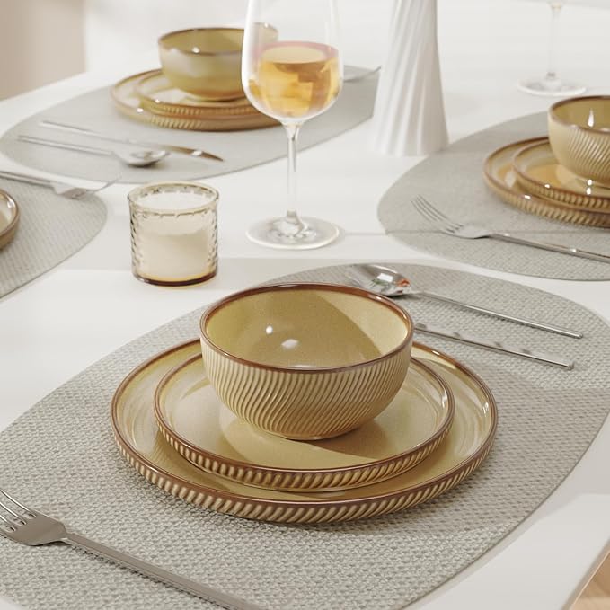 Stoneware Dinnerware Sets for 4, Earthsong 12pcs Plates and Bowls Set, Dishwasher and Microwave Safee Ceramic Dishes Set, Ribbed, Caramel Dusk