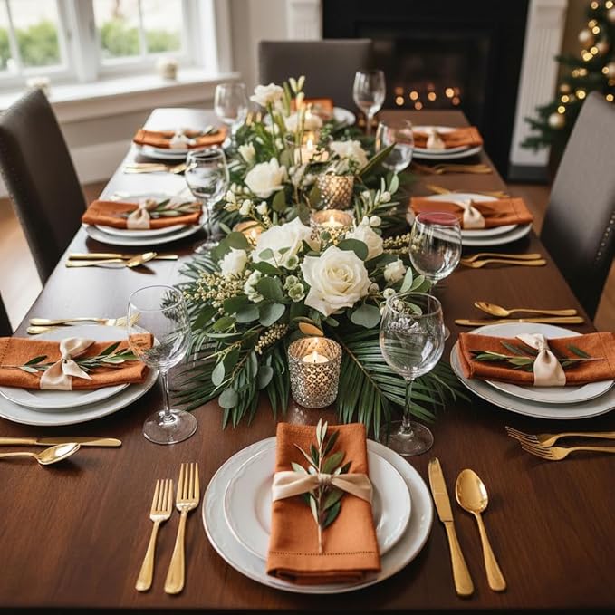 D'Moksha Homes Rust Linen Napkins Set of 4 - Classic Hemstitch 100% Pure Linen Hemstitch Dinner Napkins 20 x 20 Inch for Fall, Thanksgiving, Holiday - Handcrafted and Machine Washable