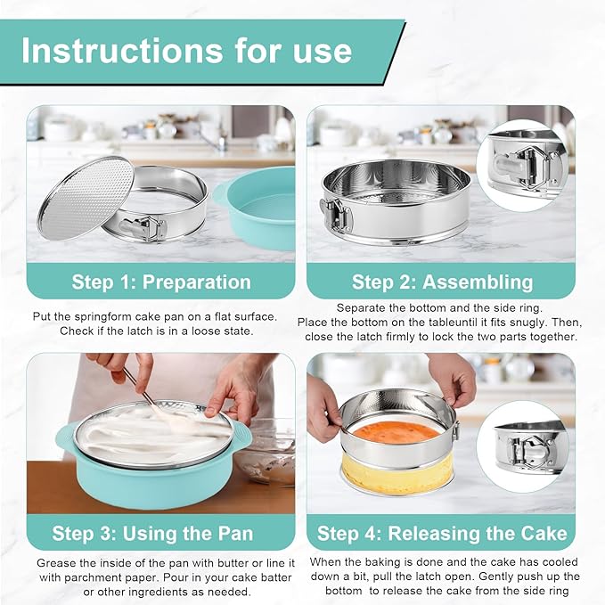 9inch 304 Stainless Steel Springform Cake Pan with Detachable Bottom, Silicone Cheesecake Pan Protector, Parchment Paper, Decorating Kit Piping Bags and Tips- Ideal for Home Bakers