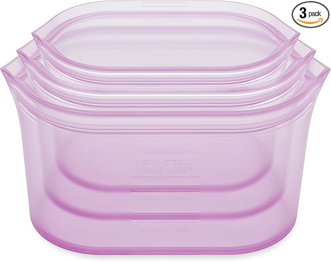 Zip Top Reusable Food Storage Bags | 3 Dish Set [Lavender] | Silicone Meal Prep Container | Microwave, Dishwasher and Freezer Safe | Made in the USA
