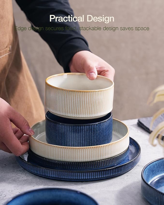 Famiware Star Dinnerware Set, Plates and Bowls Sets for 8 (24pcs), Ribbed Stoneware Dishes - Chip & Scratch Resistant, Microwave & Dishwasher Safe, Multicolor - Cappuccino White & Nebulas Blue