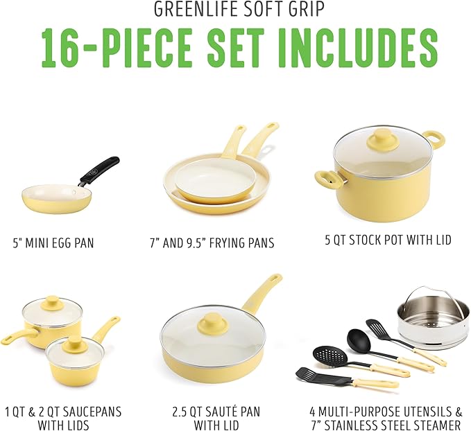 GreenLife 16 Piece Nonstick Cookware Set, Soft Grip Non-Toxic PFAS-Free Ceramic Pots & Pans, Dishwasher & Oven Safe, Frying, Sauce, Saute, Utensils, Glass Lids, Stay-Cool Handles, Wobble Free, Yellow