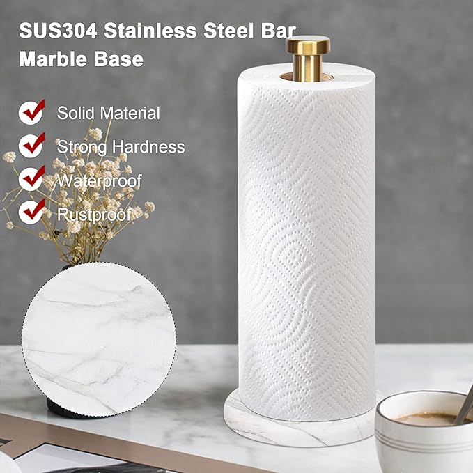 NearMoon Standing Paper Towel Holder, Kitchen Paper Towel Tissue Holder- for Bathroom Kitchen Countertop, Standard or Jumbo-Sized Roll Paper (with Marble Base, Brushed Gold)