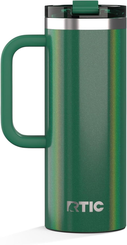 RTIC 20oz Road Trip Travel Mug with Lid and Handle, Ceramic Lined, Insulated, Stainless Steel, Metal, Double Wall Vacuum-Insulation, Portable Coffee, Tea Cup for Hot and Cold Drink, Pine Tree Glitter