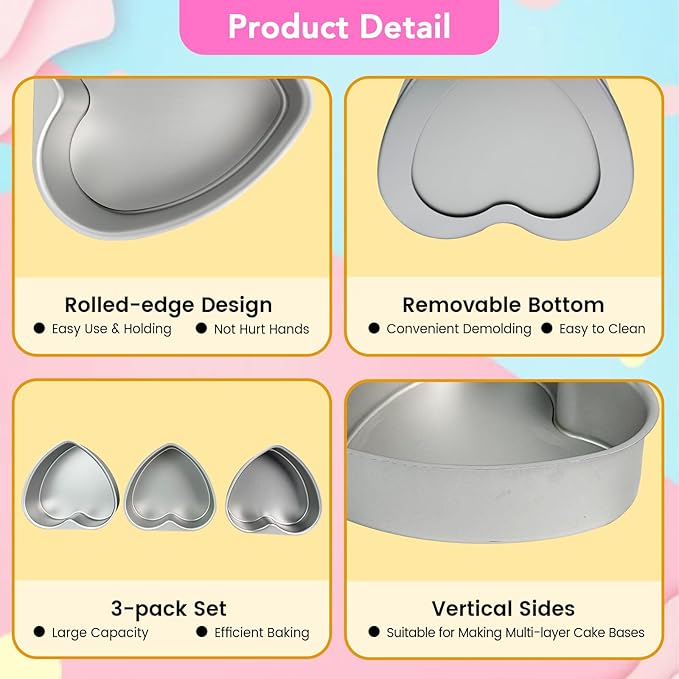 3-Pack 8-Inch Heart Shaped Cake Pans, Durable Anodized Aluminum Pans with Removable Bottom, Ideal for Baking, DIY Projects, Birthdays & Weddings, Heart Pans Chiffon Cake Mold for Oven Baking