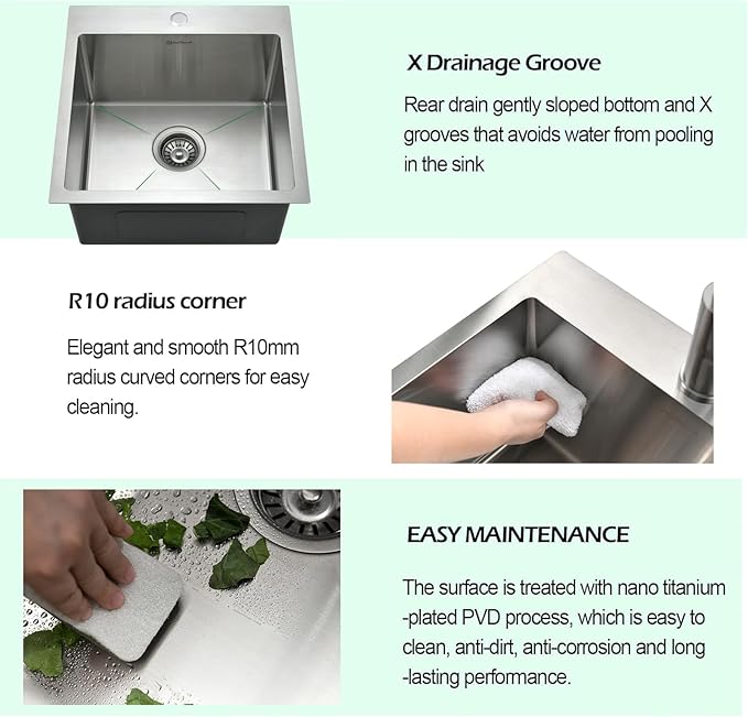 Drop In Kitchen Sink, 18 x 18 x 10 Inch 16 Gauge Single Bowl Topmount Wet Bar Sink T-304 Stainless Steel Kitchen Sinks