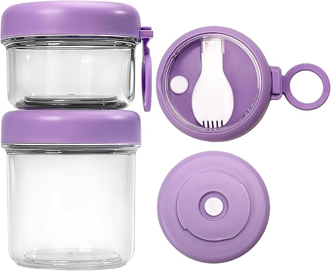 Container Food Overnight Oats Containers with Lids, Folding Spoons 26 oz Plastic Mason Jars Containers with Lids Portable Cereal and Milk Container on The Go (purple Oatmeal Cup)