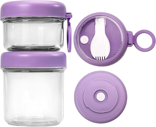 Container Food Overnight Oats Containers with Lids, Folding Spoons 26 oz Plastic Mason Jars Containers with Lids Portable Cereal and Milk Container on The Go (purple Oatmeal Cup)