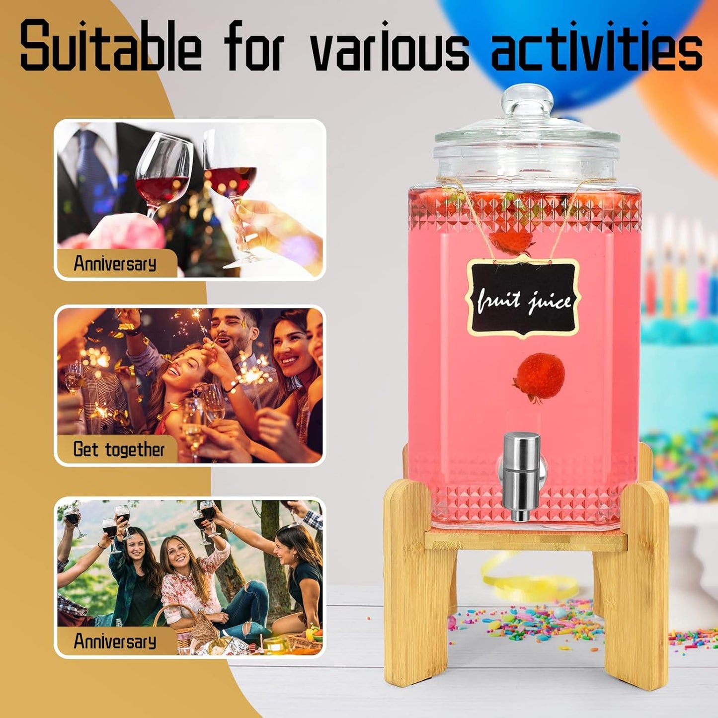 1.5 Gallon Glass Beverage Dispenser With Stand(Natual Bamboo). Water Drink Dispensers for Parties With Stainless Steel Spigot 100% Leakproof.Perfect For Parties And Daily Use.