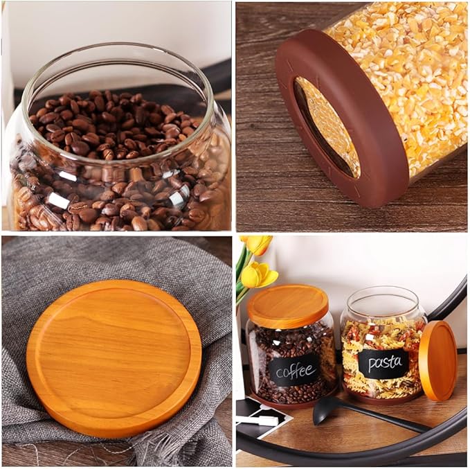 SAIOOL 2PCS Large Glass Storage Jars with Wooden Lids,Airtight Food Storage Containers, 3mm Thick Glass Kitchen Pantry Organization, Laundry Detergent Pods, with Scoop & Labels (67 FL OZ/2000 ml)