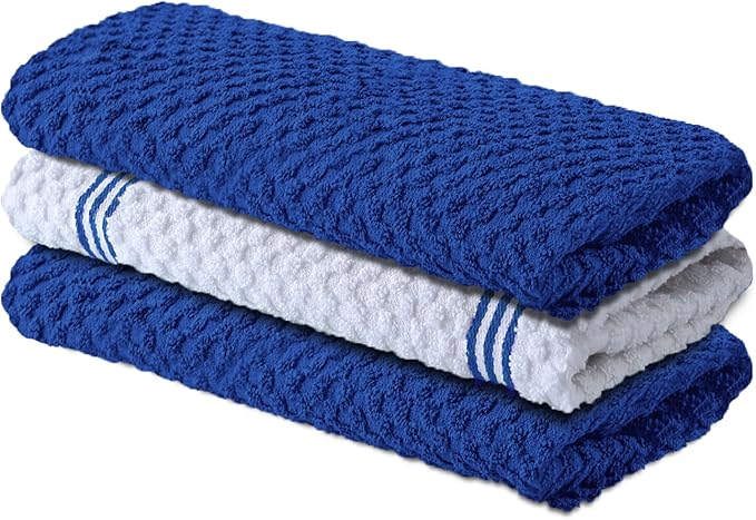 Infinitee Xclusives Premium Kitchen Towels – Pack of 3, 100% Cotton |15 x 25| Inches Absorbent Dish Towels - Terry Kitchen Dishcloth Towels - Blue Dish Cloth for Household Cleaning