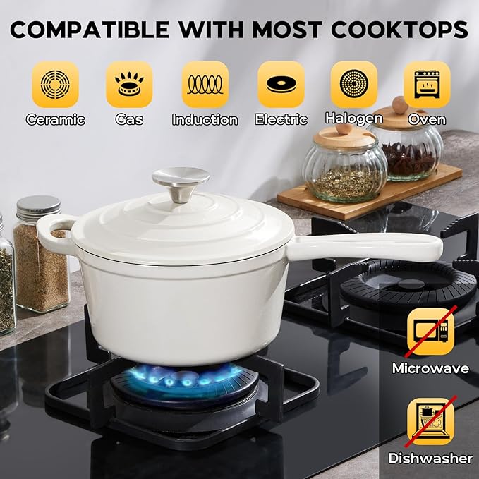 Onader 2 Quart Saucepan Dutch Oven, Enameled Cast Iron Sauce Pan Pot with Lid, Small Cooking Kitchen Pot, Nonstick & Oven Safe – White