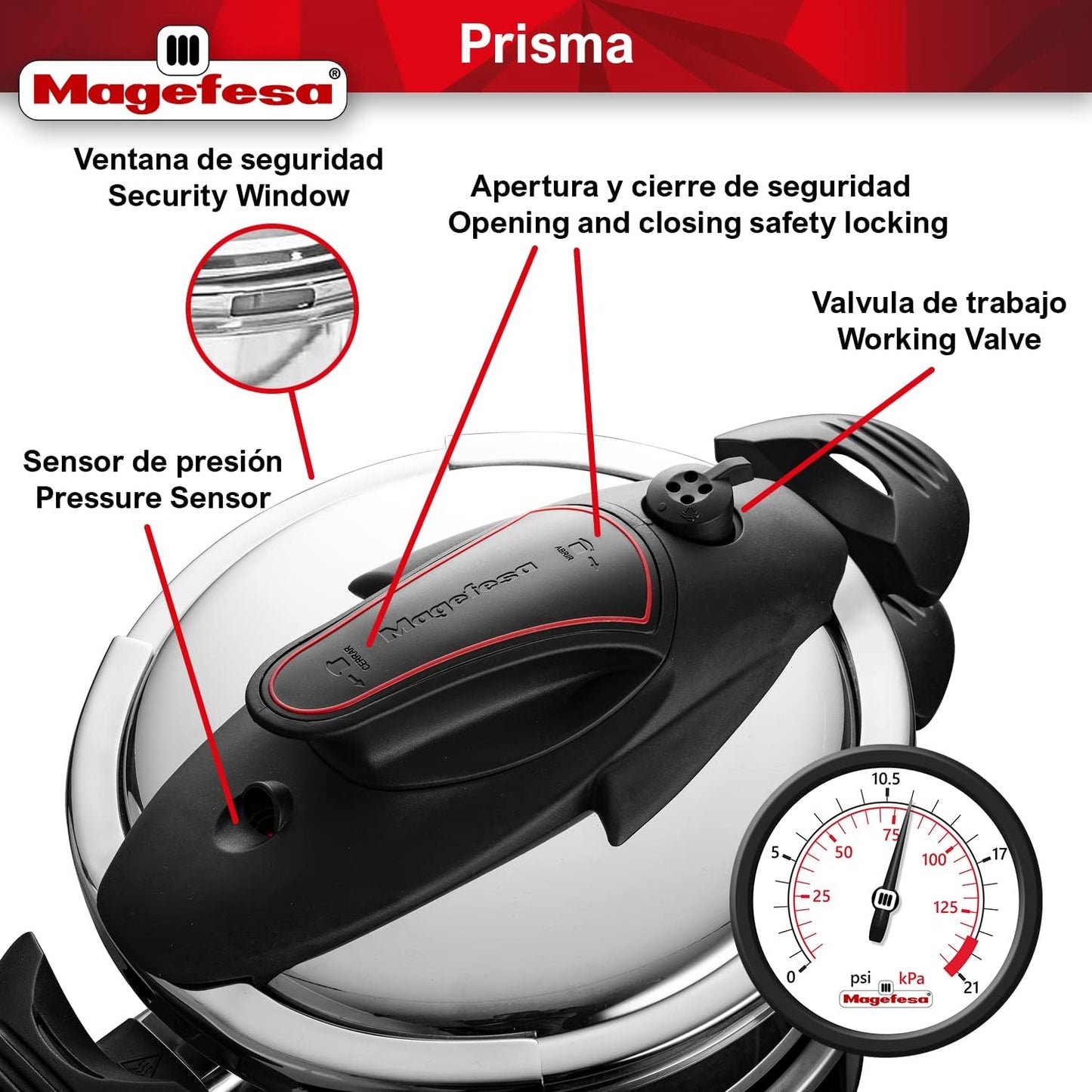 MAGEFESA Prisma Pressure Cooker, 4.2+6.3 Qt, 18/10 Stainless Steel, Easy Lock, Induction Compatible, 5 Safety Systems, 11.6 PSI
