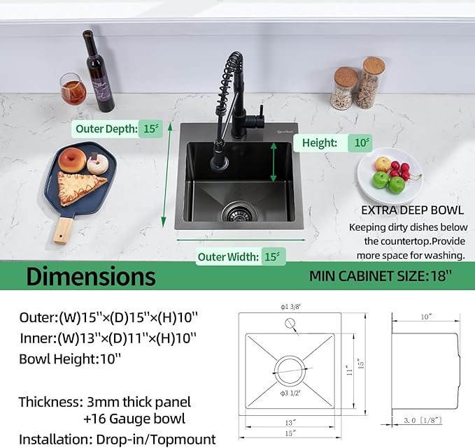 Drop In Kitchen Sink, 15 x 15 Inch Single Bowl Topmount Bar Prep Sink 16 Gauge T-304 Stainless Steel Gunmetal Black Kitchen Sinks