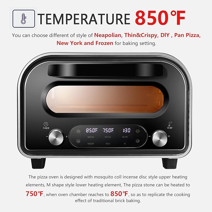Electric Pizza Oven Indoor 1700W Countertop Pizza Maker Fast Heating up to 850°F Touchscreen 6 Preset Modes Adjustable Timer & Temp Knobs Used for Commercial & Home Kitchen in Black