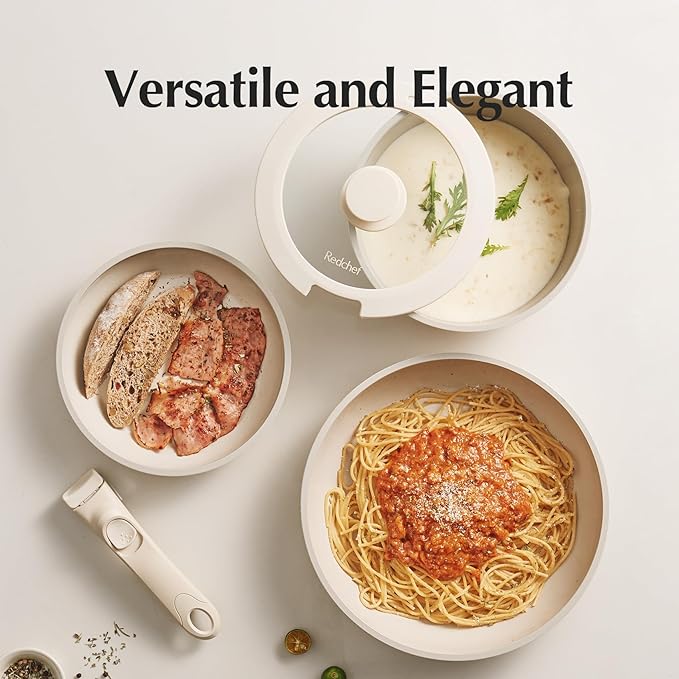 Redchef Ceramic Pots and Pans Set Non Stick, Nonstick Kitchen Cookware Sets, Non Toxic Pots and Pans Set Non Stick, PFAS PFOA & PTFE Free, Detachable Handle Pots and Pans 5 Piece, RV Cookware