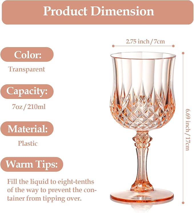 XUWAIDSGN 7oz Plastic Vintage Wine Glasses Drinking Glasses Unbreakable Wedding Glassware Crystal Water Goblets Reusable Drinkware Vintage Champagne Flutes (48, Pink)